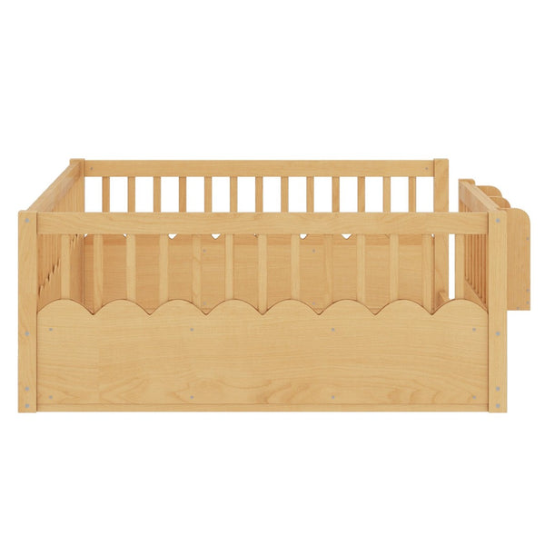 English Elm Twin Low Profile Kids Floor Bed Pine Wood Frame with Safety Rail and Built in Bookshelf Natural W1580P373141