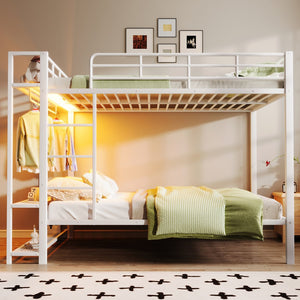 English Elm Full Size Metal Bunk Bed With Led Lights, Storage Shelves & Hooks - Stylish Space-Saver In White N7090000667K