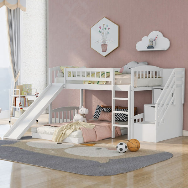 Homeroots White Twin Over Twin Perpendicular Bunk Bed With Storage Stairs And Slide  Manufactured Wood And Solid Wood 403615