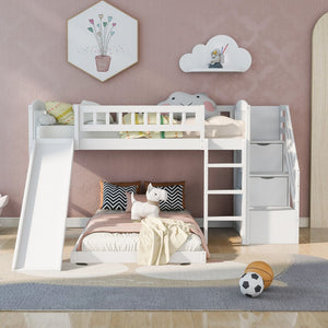 Homeroots White Twin Over Twin Perpendicular Bunk Bed With Storage Stairs And Slide  Manufactured Wood And Solid Wood 403615