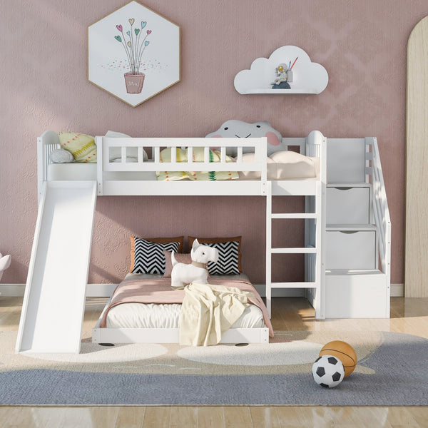 Homeroots White Twin Over Twin Perpendicular Bunk Bed With Storage Stairs And Slide  Manufactured Wood And Solid Wood 403615