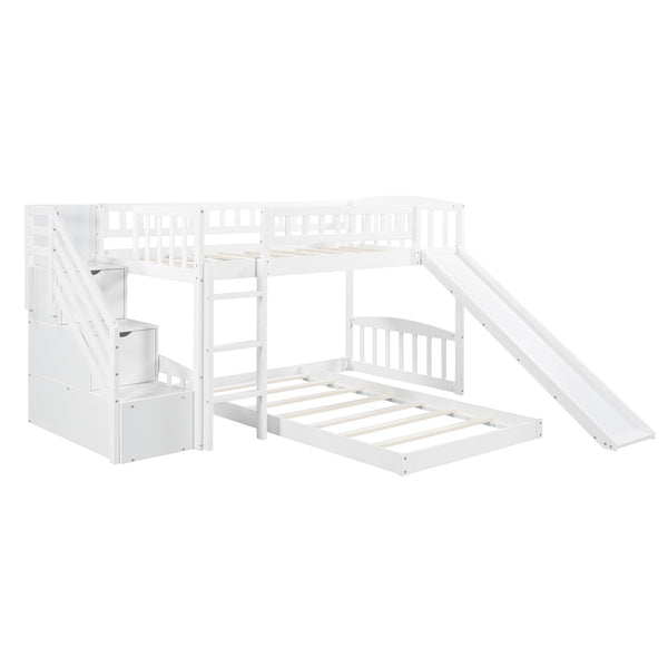 Homeroots White Twin Over Twin Perpendicular Bunk Bed With Storage Stairs And Slide  Manufactured Wood And Solid Wood 403615