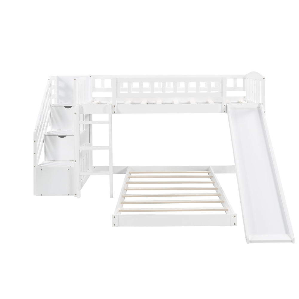 Homeroots White Twin Over Twin Perpendicular Bunk Bed With Storage Stairs And Slide  Manufactured Wood And Solid Wood 403615
