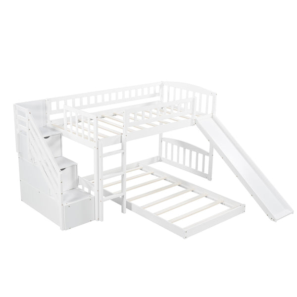 Homeroots White Twin Over Twin Perpendicular Bunk Bed With Storage Stairs And Slide  Manufactured Wood And Solid Wood 403615