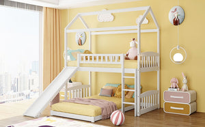 Homeroots White Playhouse Frame Full Over Full Perpendicular Bunk Bed With Slide  Manufactured Wood And Solid Wood 403617