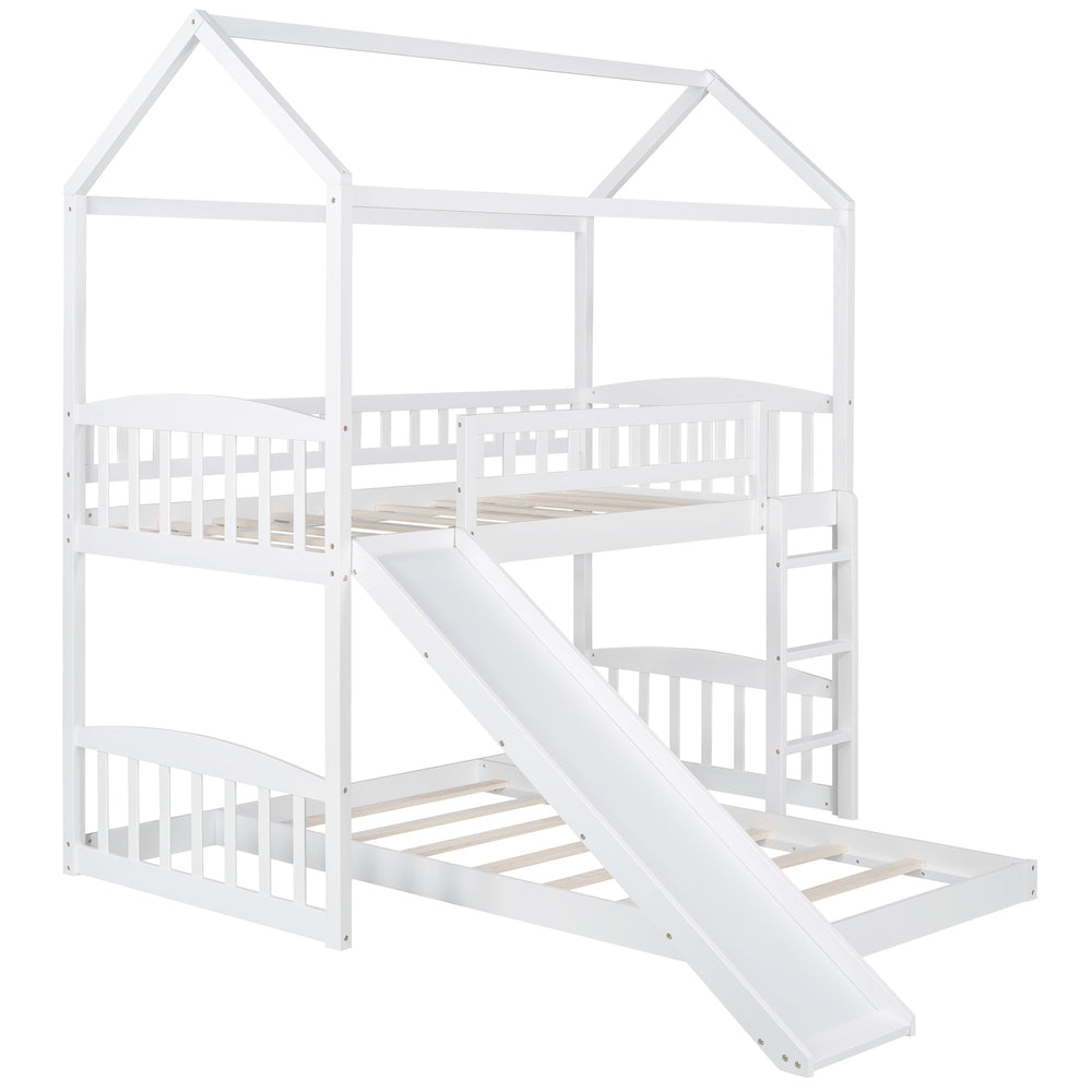 Homeroots White Playhouse Frame Full Over Full Perpendicular Bunk Bed With Slide  Manufactured Wood And Solid Wood 403617