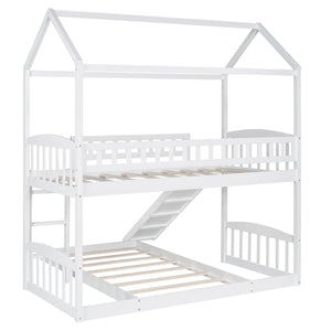 Homeroots White Playhouse Frame Full Over Full Perpendicular Bunk Bed With Slide  Manufactured Wood And Solid Wood 403617