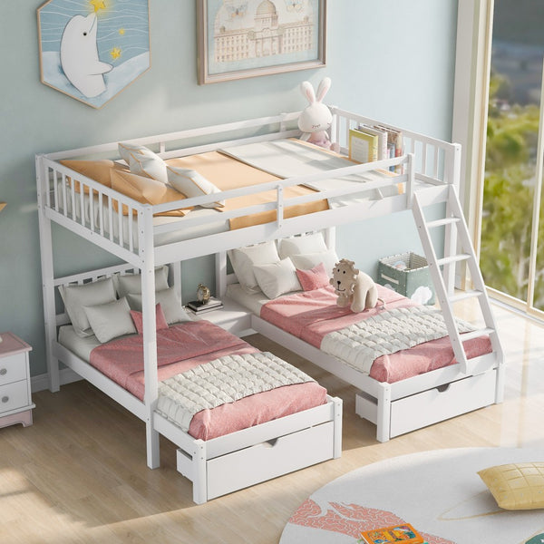 Homeroots White Full Over Double Twin Triple Bunk Beds With Drawers  Manufactured Wood And Solid Wood 403618