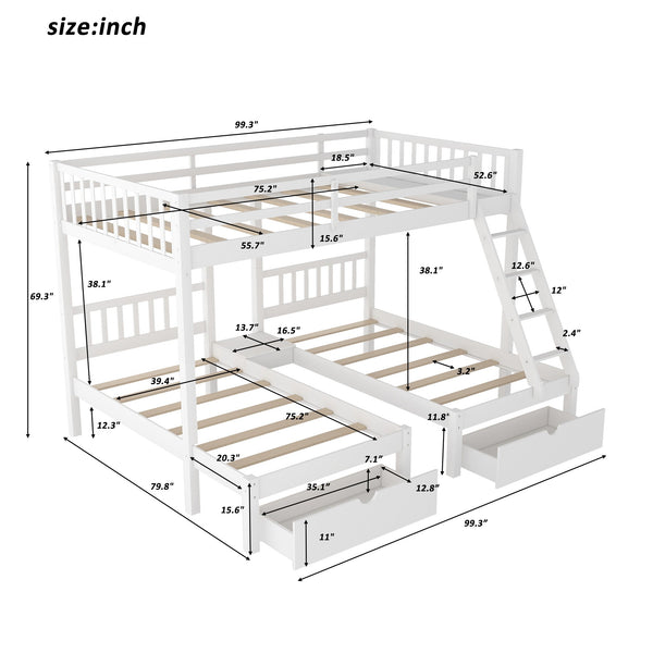 Homeroots White Full Over Double Twin Triple Bunk Beds With Drawers  Manufactured Wood And Solid Wood 403618