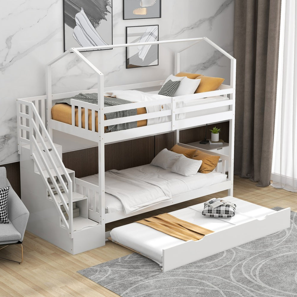 Homeroots White Twin Over Twin Playhouse Bunk Bed With Trundle And Staircase  Manufactured Wood And Solid Wood 403621