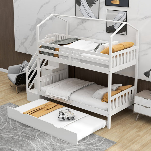 Homeroots White Twin Over Twin Playhouse Bunk Bed With Trundle And Staircase  Manufactured Wood And Solid Wood 403621