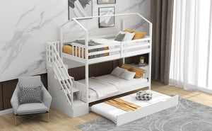 Homeroots White Twin Over Twin Playhouse Bunk Bed With Trundle And Staircase  Manufactured Wood And Solid Wood 403621