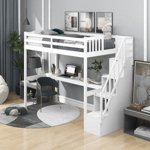 Homeroots White Twin Size Loft Bed With Built In Desk And Stairway  Manufactured Wood + Solid Wood 403626