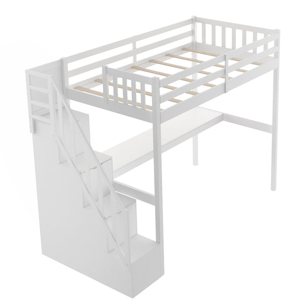 Homeroots White Twin Size Loft Bed With Built In Desk And Stairway  Manufactured Wood + Solid Wood 403626