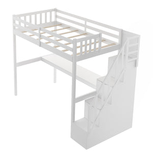Homeroots White Twin Size Loft Bed With Built In Desk And Stairway  Manufactured Wood + Solid Wood 403626