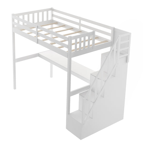 Homeroots White Twin Size Loft Bed With Built In Desk And Stairway  Manufactured Wood + Solid Wood 403626