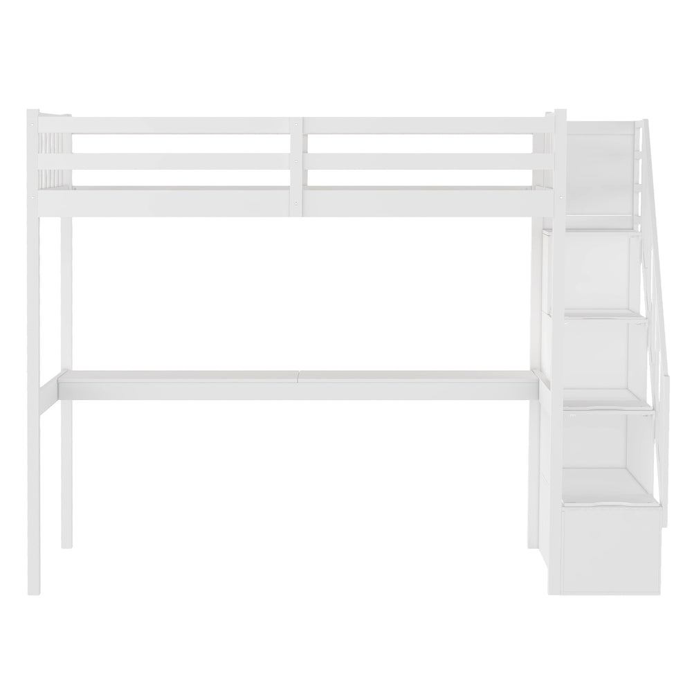 Homeroots White Twin Size Loft Bed With Built In Desk And Stairway  Manufactured Wood + Solid Wood 403626