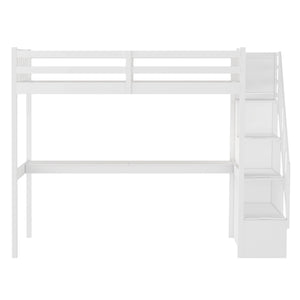 Homeroots White Twin Size Loft Bed With Built In Desk And Stairway  Manufactured Wood + Solid Wood 403626