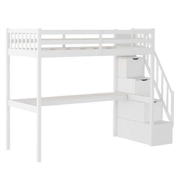 Homeroots White Twin Size Loft Bed With Built In Desk And Stairway  Manufactured Wood + Solid Wood 403626