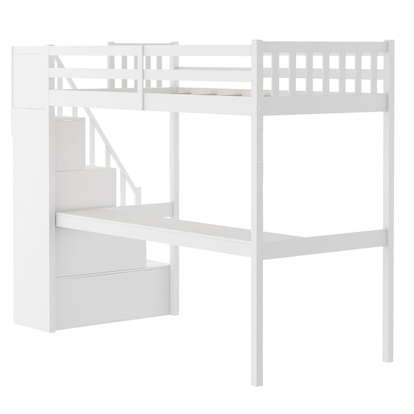 Homeroots White Twin Size Loft Bed With Built In Desk And Stairway  Manufactured Wood + Solid Wood 403626