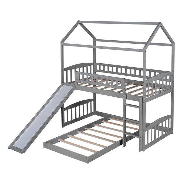Homeroots Gray Playhouse Frame Full Over Full Perpendicular Bunk Bed With Slide  Manufactured Wood And Solid Wood 403635