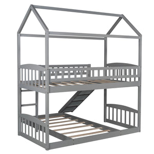Homeroots Gray Playhouse Frame Full Over Full Perpendicular Bunk Bed With Slide  Manufactured Wood And Solid Wood 403635