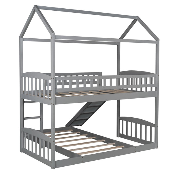 Homeroots Gray Playhouse Frame Full Over Full Perpendicular Bunk Bed With Slide  Manufactured Wood And Solid Wood 403635