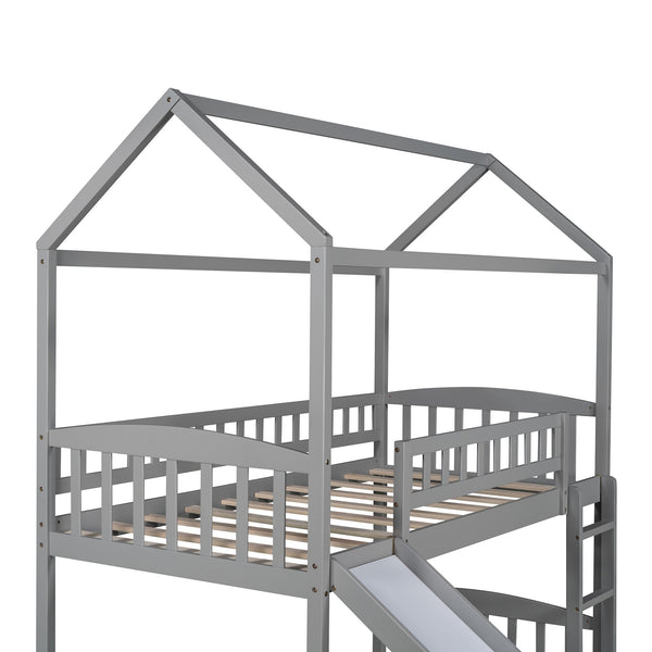 Homeroots Gray Playhouse Frame Full Over Full Perpendicular Bunk Bed With Slide  Manufactured Wood And Solid Wood 403635
