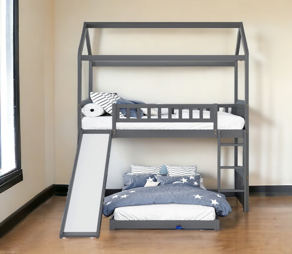Homeroots Gray Playhouse Frame Full Over Full Perpendicular Bunk Bed With Slide  Manufactured Wood And Solid Wood 403635