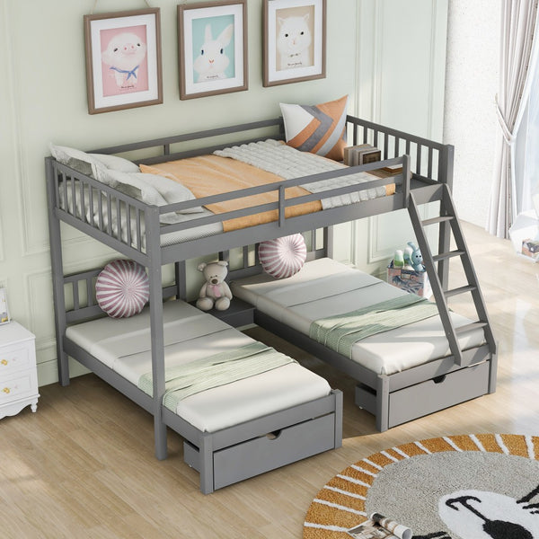 Homeroots Gray Full Over Double Twin Triple Bunk Beds With Drawers  Manufactured Wood And Solid Wood 403637