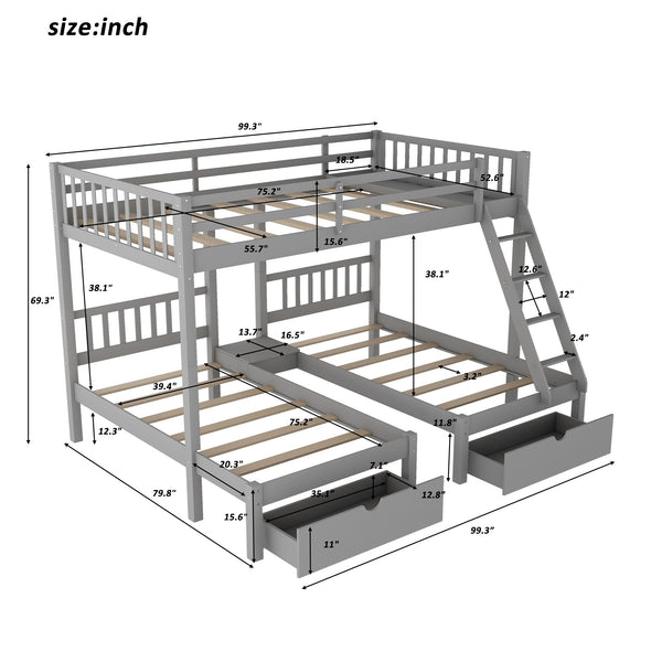 Homeroots Gray Full Over Double Twin Triple Bunk Beds With Drawers  Manufactured Wood And Solid Wood 403637