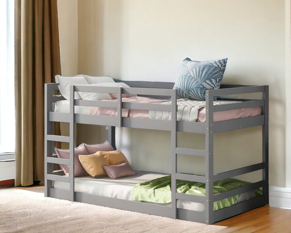 Homeroots Pastel Gray Twin Over Twin Dual Ladder Bunk Bed  Manufactured Wood And Solid Wood 403643