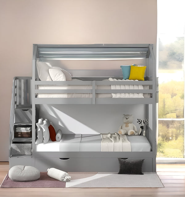 Homeroots Gray Twin Over Twin Playhouse Bunk Bed With Trundle And Staircase  Manufactured Wood And Solid Wood 403645