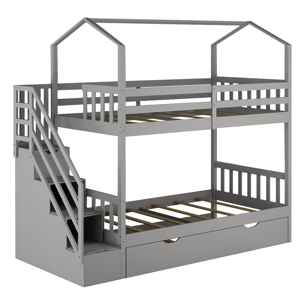 Homeroots Gray Twin Over Twin Playhouse Bunk Bed With Trundle And Staircase  Manufactured Wood And Solid Wood 403645