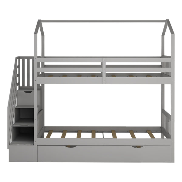Homeroots Gray Twin Over Twin Playhouse Bunk Bed With Trundle And Staircase  Manufactured Wood And Solid Wood 403645