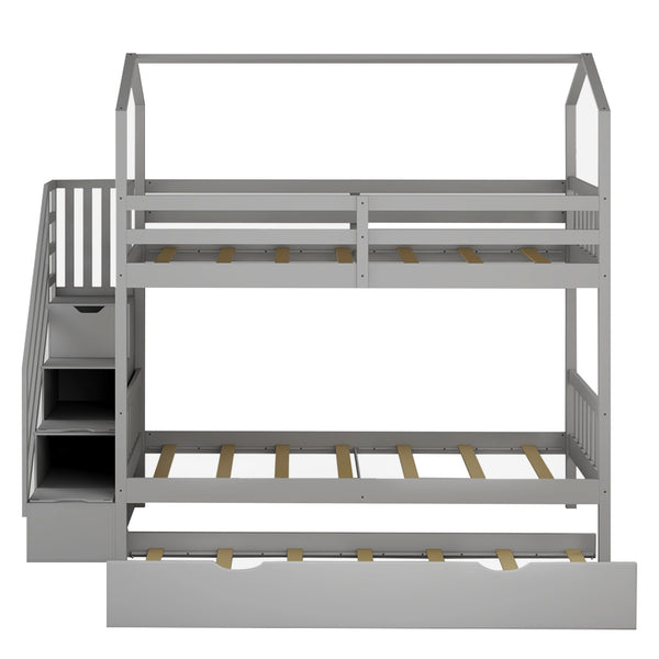 Homeroots Gray Twin Over Twin Playhouse Bunk Bed With Trundle And Staircase  Manufactured Wood And Solid Wood 403645