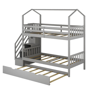 Homeroots Gray Twin Over Twin Playhouse Bunk Bed With Trundle And Staircase  Manufactured Wood And Solid Wood 403645