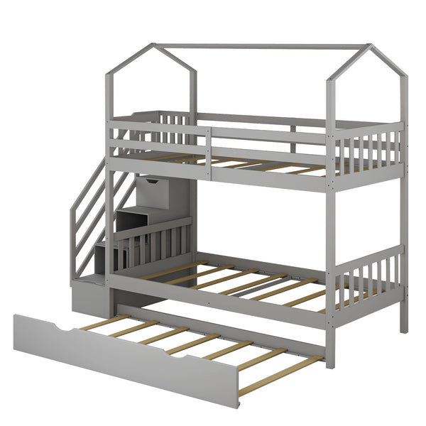Homeroots Gray Twin Over Twin Playhouse Bunk Bed With Trundle And Staircase  Manufactured Wood And Solid Wood 403645