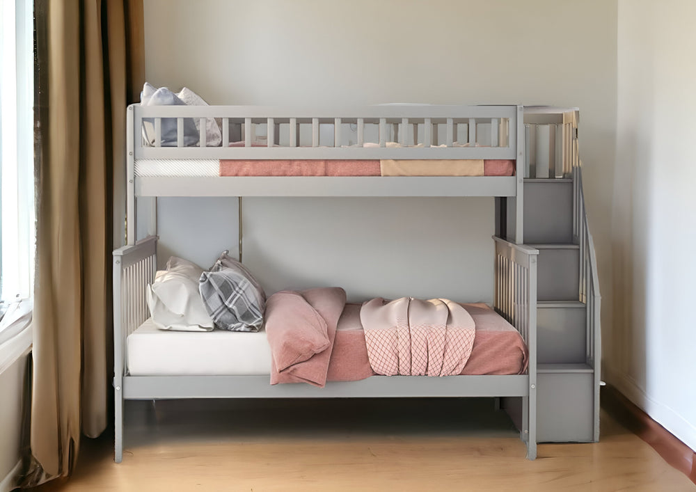 Homeroots Gray Twin Over Full Farmhouse Style Bunk Bed With Staircase  Manufactured Wood And Solid Wood 403646