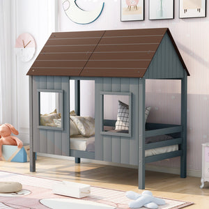 Homeroots Antique Gray Twin Size Low Loft Wooden House Bed  Manufactured Wood + Solid Wood 403649
