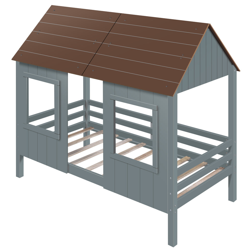 Homeroots Antique Gray Twin Size Low Loft Wooden House Bed  Manufactured Wood + Solid Wood 403649