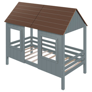 Homeroots Antique Gray Twin Size Low Loft Wooden House Bed  Manufactured Wood + Solid Wood 403649