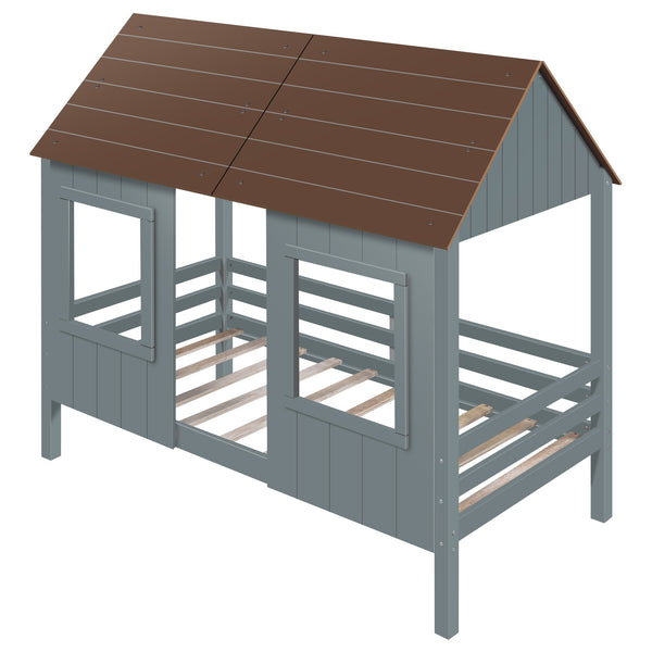Homeroots Antique Gray Twin Size Low Loft Wooden House Bed  Manufactured Wood + Solid Wood 403649