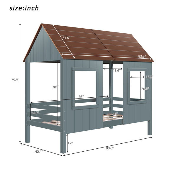 Homeroots Antique Gray Twin Size Low Loft Wooden House Bed  Manufactured Wood + Solid Wood 403649