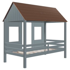 Homeroots Antique Gray Twin Size Low Loft Wooden House Bed  Manufactured Wood + Solid Wood 403649