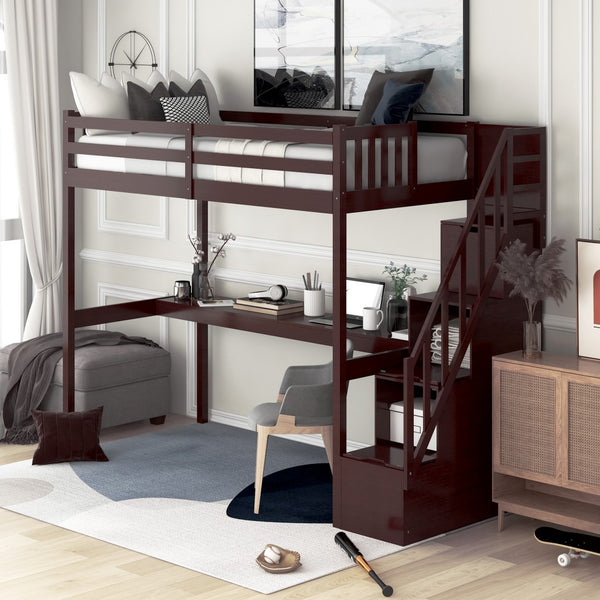 Homeroots Espresso Twin Size Loft Bed With Built In Desk And Stairway  Manufactured Wood + Solid Wood 403653