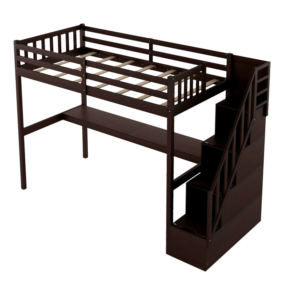 Homeroots Espresso Twin Size Loft Bed With Built In Desk And Stairway  Manufactured Wood + Solid Wood 403653