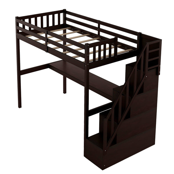 Homeroots Espresso Twin Size Loft Bed With Built In Desk And Stairway  Manufactured Wood + Solid Wood 403653