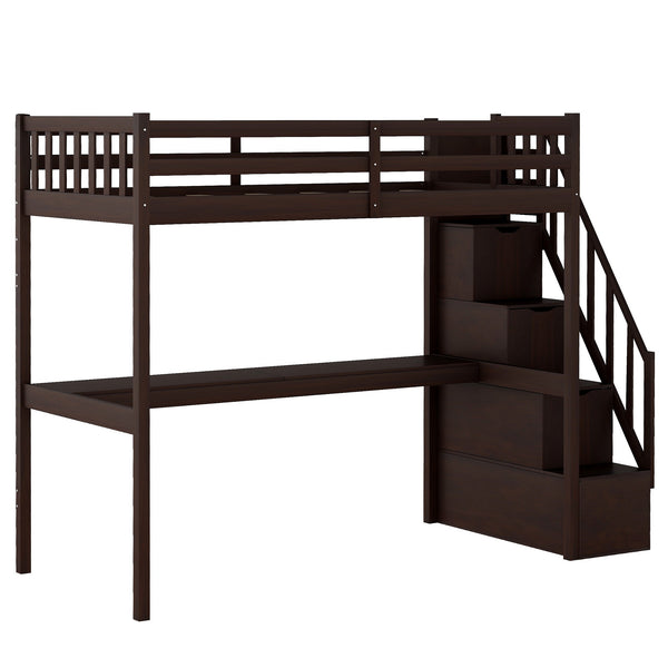 Homeroots Espresso Twin Size Loft Bed With Built In Desk And Stairway  Manufactured Wood + Solid Wood 403653