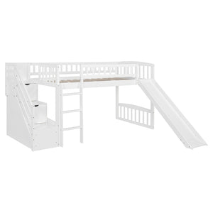 English Elm Stairway Twin Loft Bed with Storage Staircase Slide and Guardrails for Kids White LT000515AAK-2